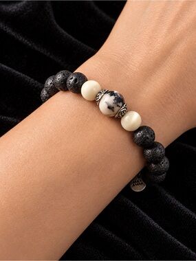 Alexa’s Angels Black Lava Rock Bracelet with White Stones and Silver Charm